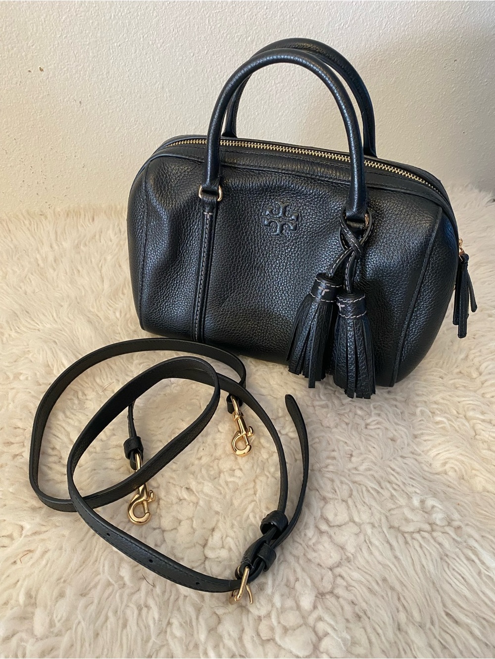 Tory Burch Black Pebbled Leather Satchel with Tassel Accent
